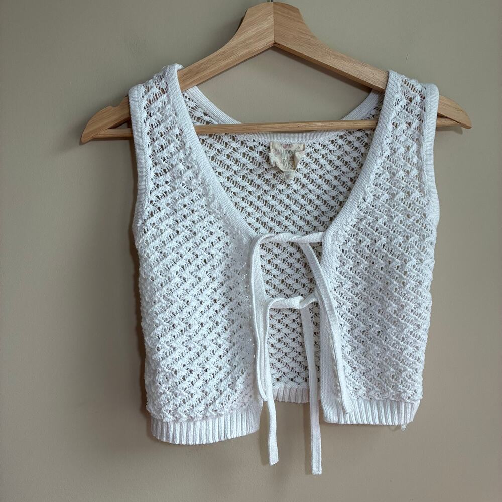 Hippie Rose bohemian white knit vest open front ribbons women's size XS cotton
